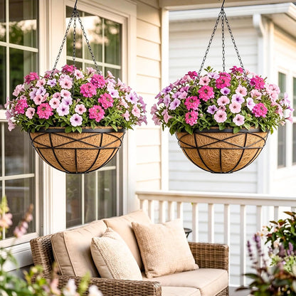 4 Pack 12 Inch Hanging Planters for Outdoor Plants Metal Watering Flower Baskets with Coco Liner for Outside Panting Plant Holder Pot for Home Garden Porch Balcony Railings Decor