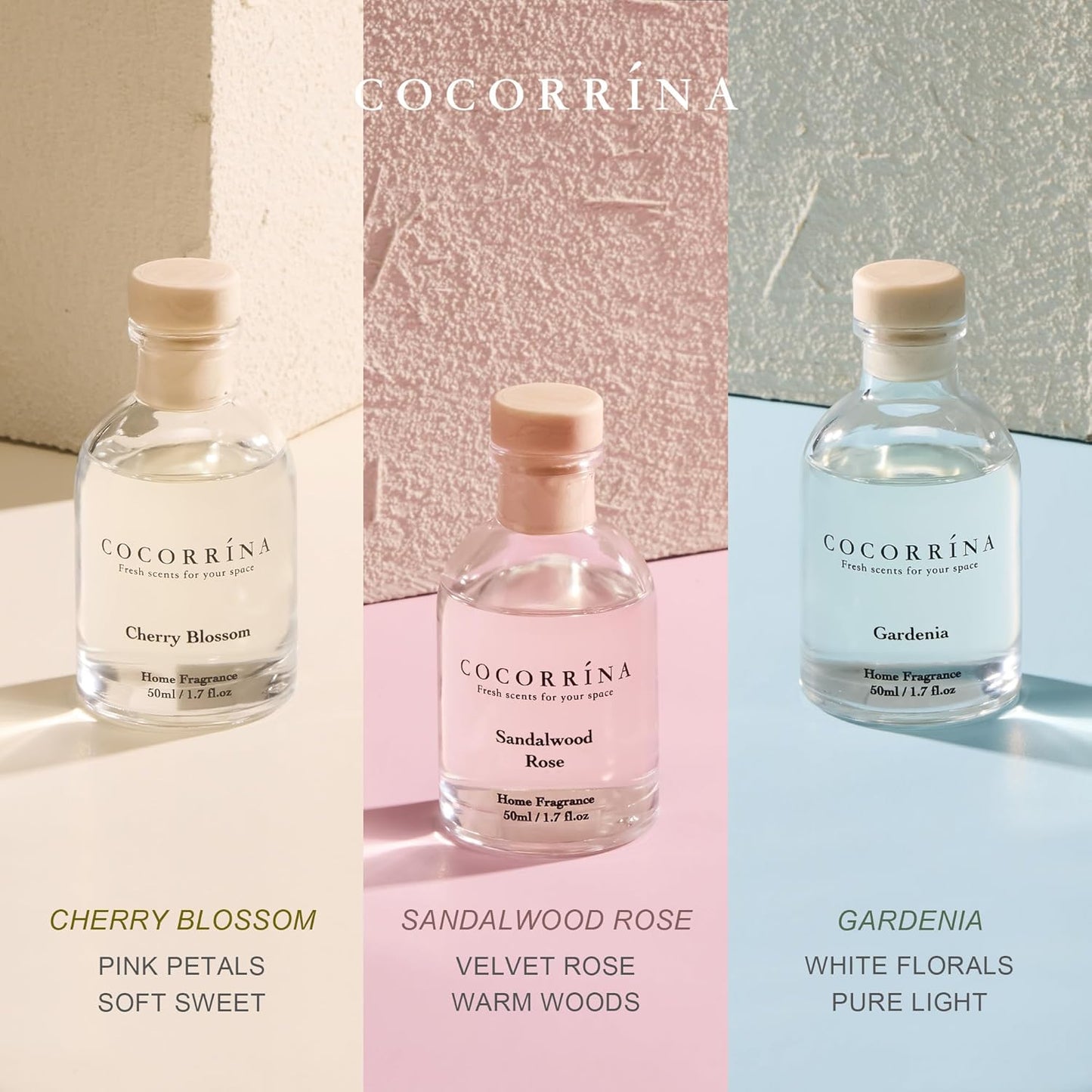 COCORRÍNA Eucalyptus Reed Diffuser Set of 3 - Lavender Eucalyptus, Black Forest, Clean Cotton Scents, 1.7 fl oz Each, Total 5.1 oz, Scented Oil Diffusers for Home & Office﻿