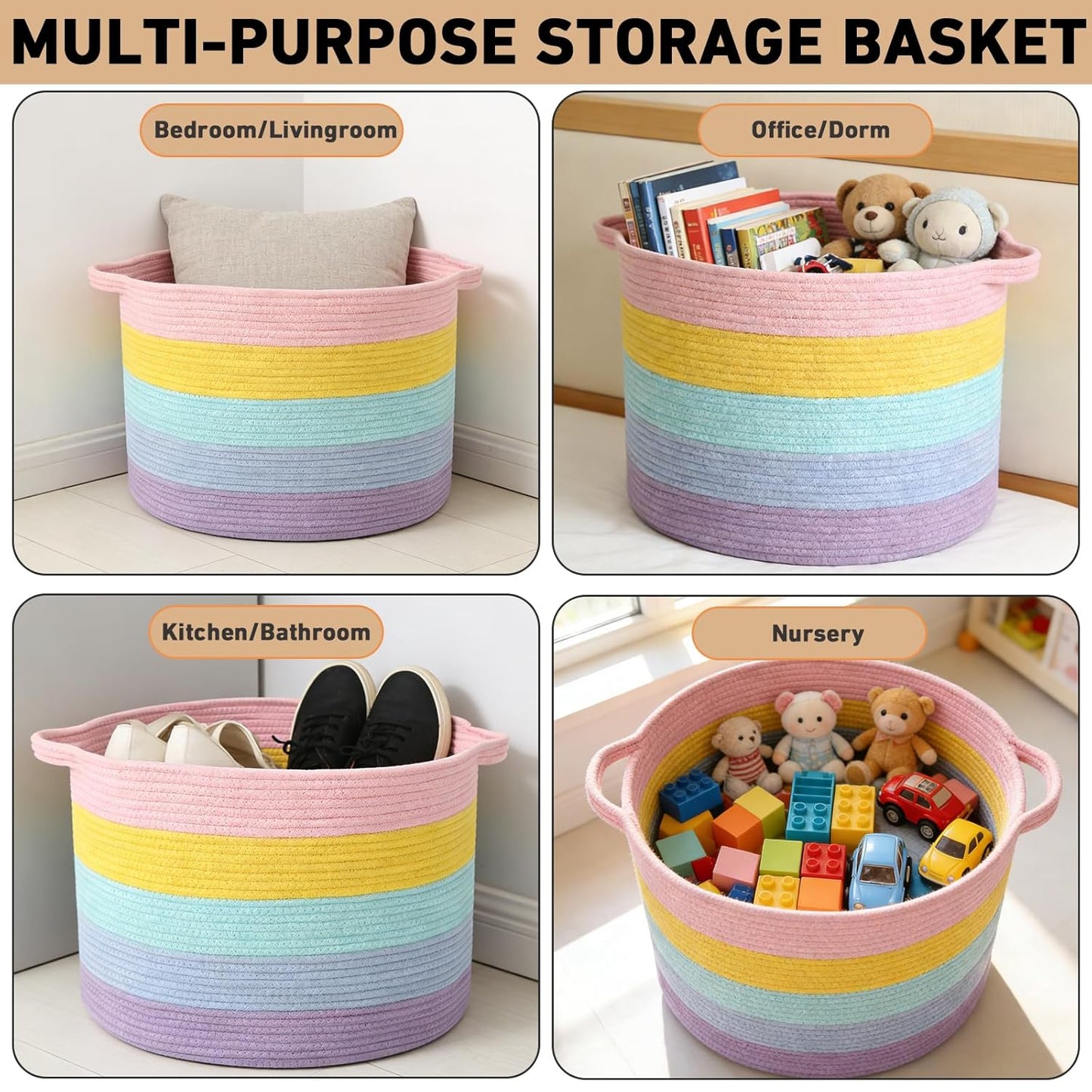 Large Woven Blanket Basket,65L Cotton Rope Laundry Basket Hamper with Handles, Decorative Nursery Basket Storage Bin for Toys, Clothes Organizer, Living Room, Bedroom, Bathroom, White & Brown