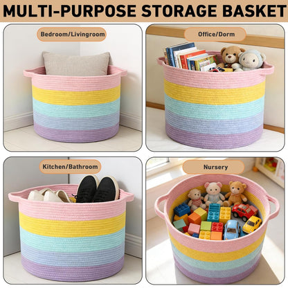 Large Woven Blanket Basket,65L Cotton Rope Laundry Basket Hamper with Handles, Decorative Nursery Basket Storage Bin for Toys, Clothes Organizer, Living Room, Bedroom, Bathroom, White & Brown