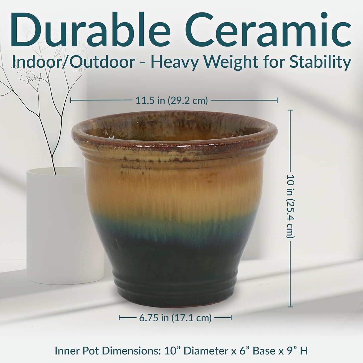 Sunnydaze Large Ceramic Plant Pot - Round Outdoor Glazed Ceramic Planter Pot with Drainage - Studio - Imperial Blue - 18.5"
