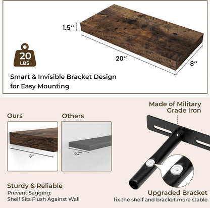 RICHFOCUS 72Inch Floating Shelves for Wall 2 Pack Shelves for Bedroom|Kitchen|Bathroom Wall Mounted Rustic Wood Floating Shelf with Invisible Brackets for Books|Storage|Decor, Rustic Brown
