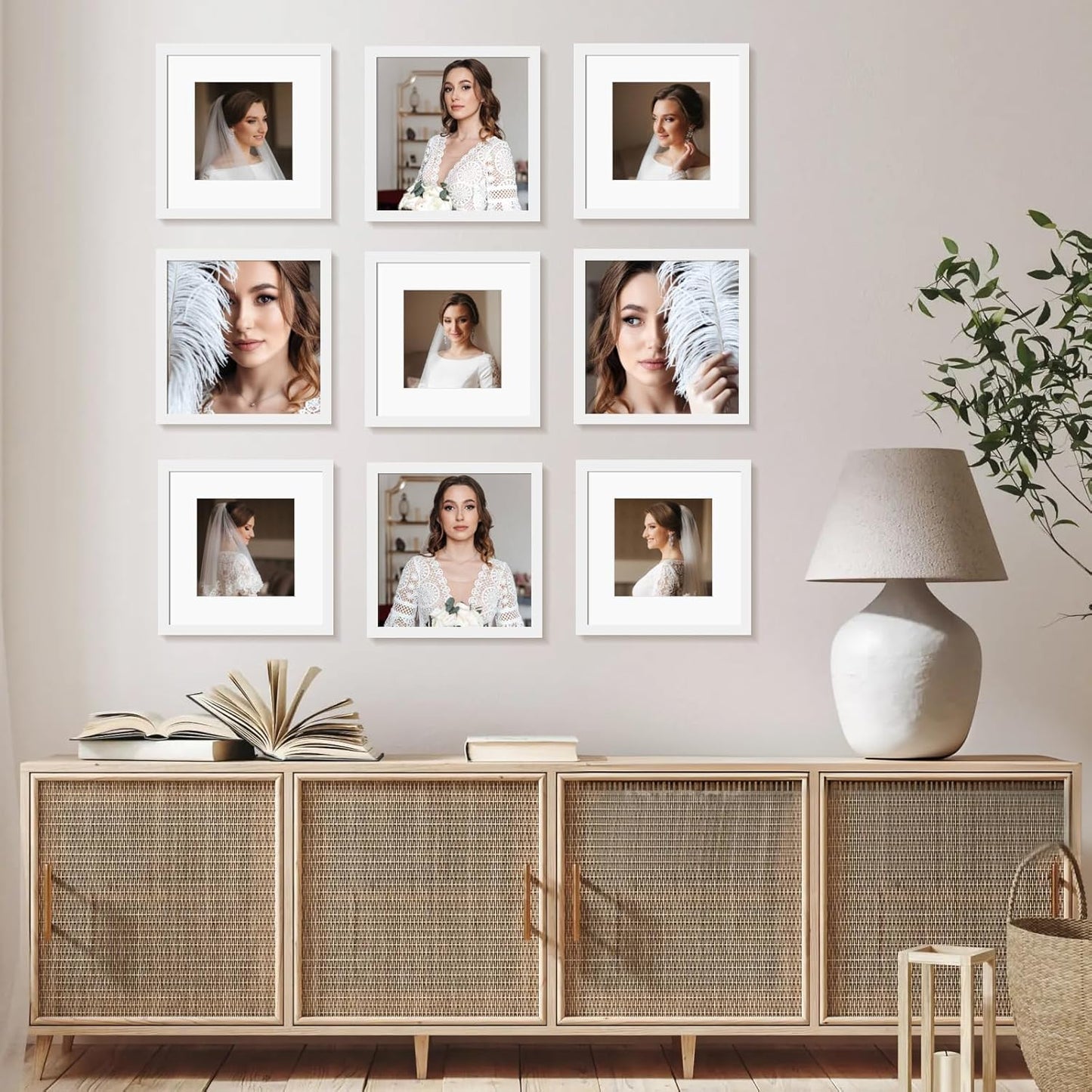 12x12 Picture Frame Set of 9, Display Pictures 8x8 with Mat or 12x12 without Mat, Multi Collage Gallery Square Photo Frames for Wall or Tabletop, Black