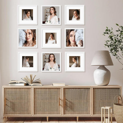 12x12 Picture Frame Set of 9, Display Pictures 8x8 with Mat or 12x12 without Mat, Multi Collage Gallery Square Photo Frames for Wall or Tabletop, Black