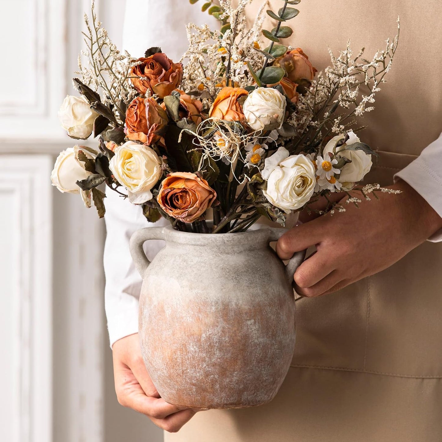 Dobbyby Ceramic Flower Vase 7.6 inch Farmhouse Rustic Vase Decorative Pottery Terracotta Vases for Home Decor Table Mantle Fireplace Living Room Bathroom Wedding Centerpiece (Whitewashed)