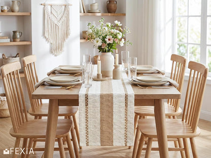 FEXIA Boho Table Runner for Thanksgiving Fall Christmas Home Decor with Tassels 72 Inches Long Pottery barn Furniture Farmhouse Rustic Macrame Burlap Table Decoration for Living Room (12x72 Inches)