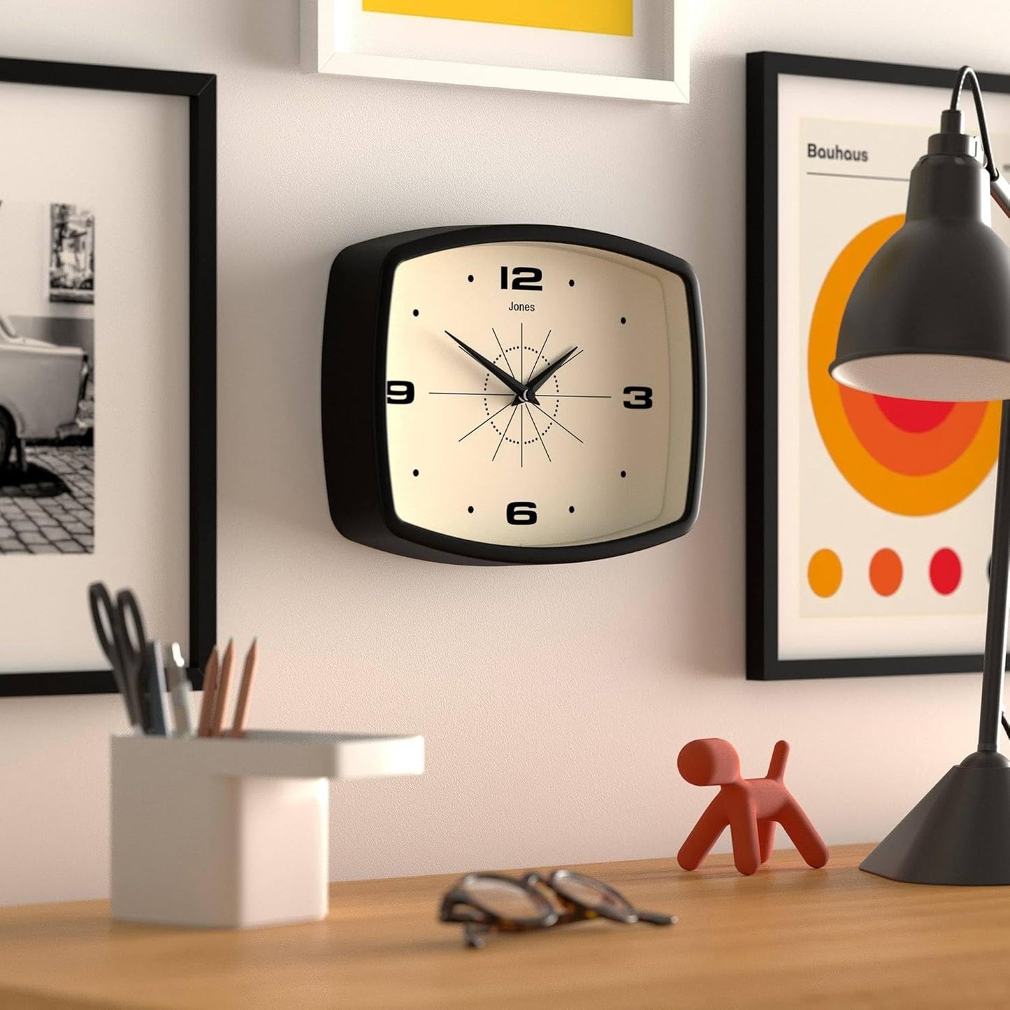 JONES CLOCKS® Movie wall Clock | Retro Rectangular Clock | 10 inch | Orange | Cool mid-Century Designer Look for Kitchen, Living Room or Office