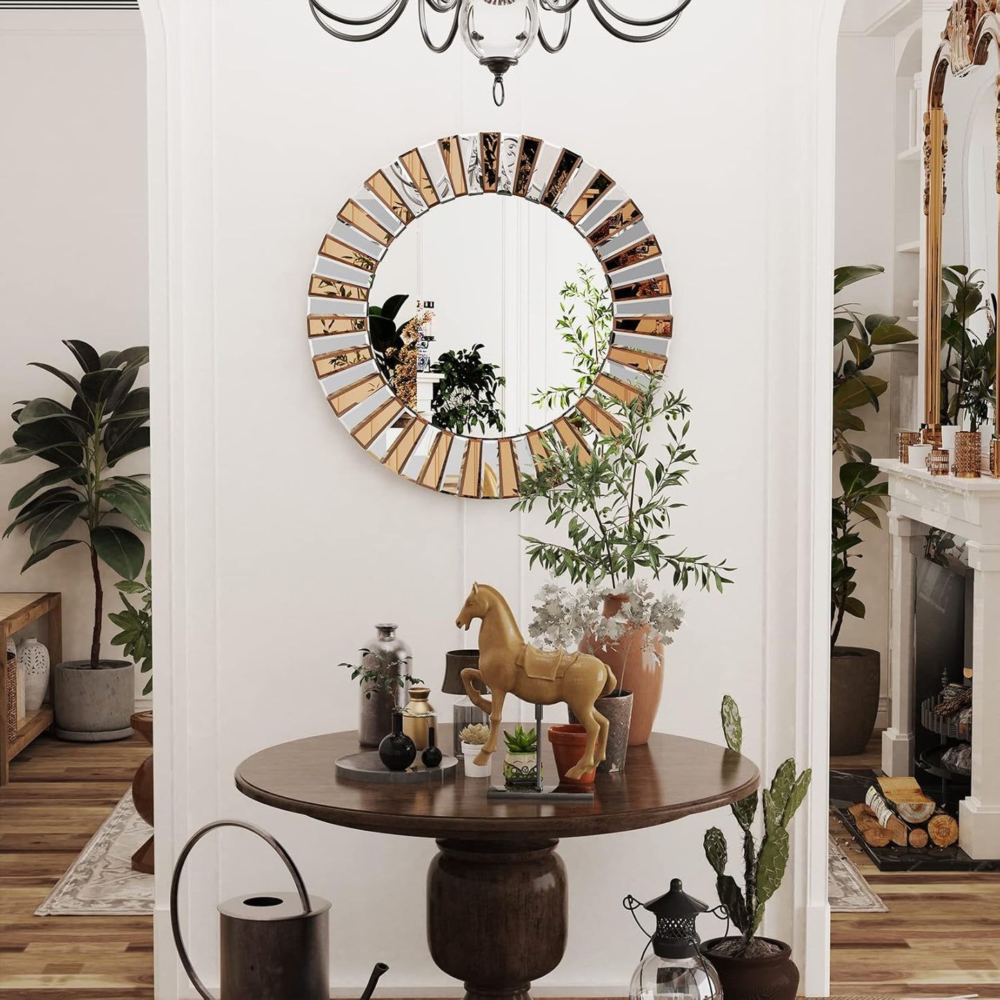 Round Wall Mirror Decorative Sunburst Silver-Brown Crystal Edge 32 inch