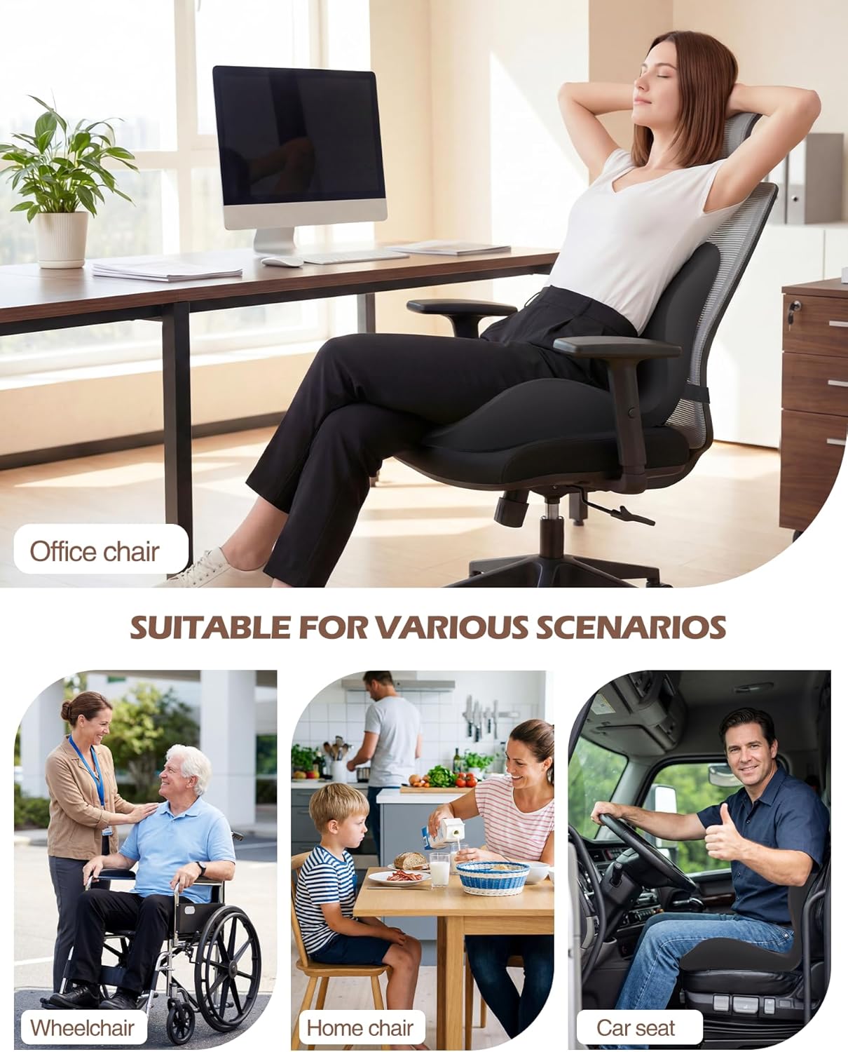 Office Chair Cushion for Tailbone & Low Back Pain Relief, Car and Truck Seat Cushion, Comfortable Foam and High Backrest, Suitable for Office Chairs, Cars, Trucks, and Home Chairs