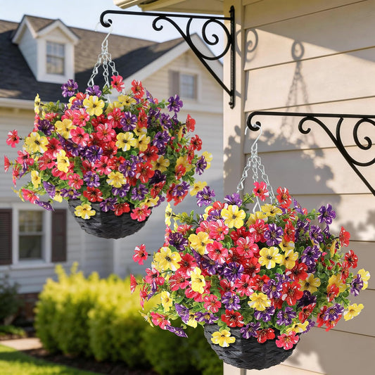 GLIDLION Artificial Flower & Eucalyptus with Hanging Basket - 2PCS Faux UV Sun Resistant Morning Glory in Planter, Fake Colorful Silk Flowers for Spring Summer Porch Patio Balcony Yard Decor (Yellow)
