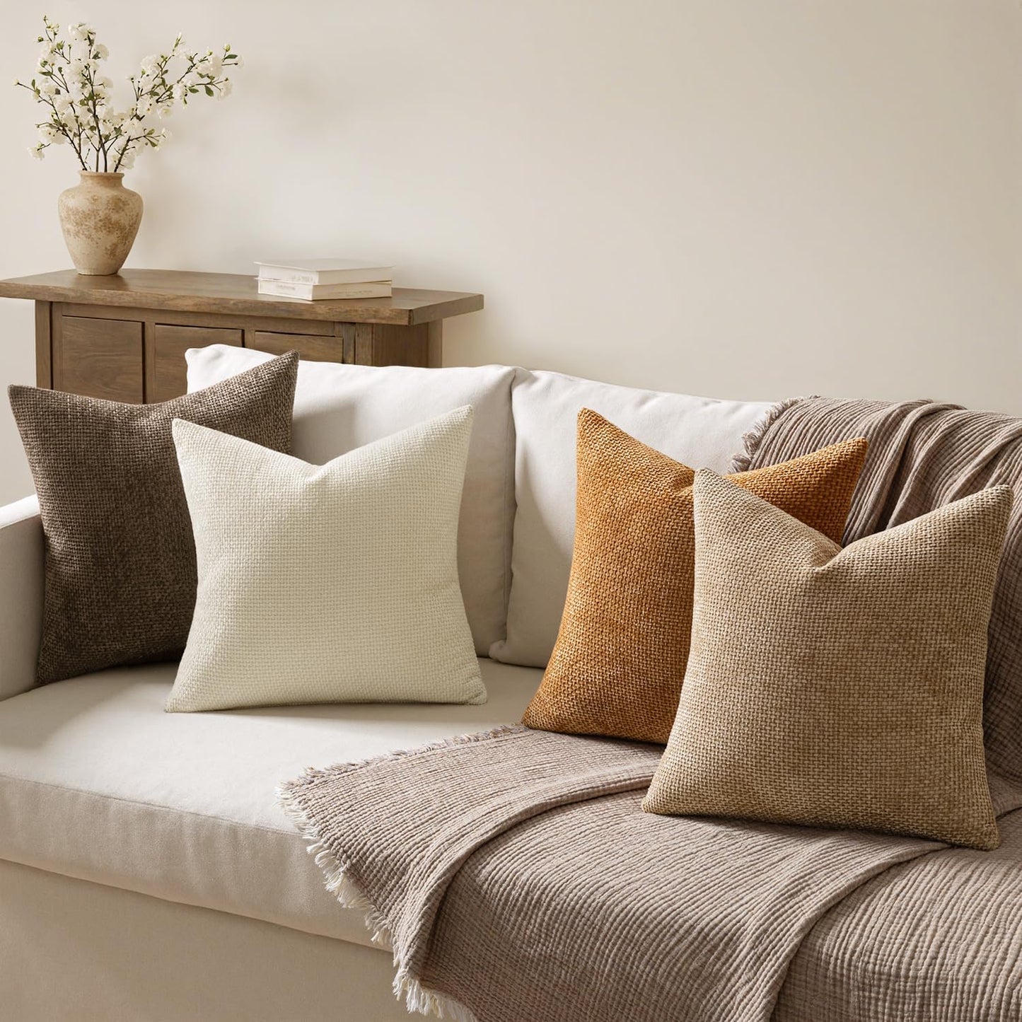 MIULEE Pack of 4 Couch Throw Pillow Covers 18x18 Inch Neutral Soft Decorative Chenille Pillow Covers Farmhouse Boho Cushion Covers for Mid Century Modern Spring Home Decor Sofa Bedroom Living Room