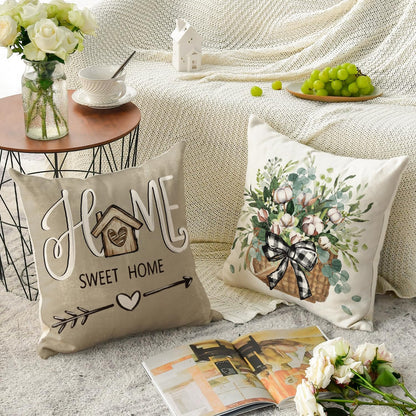 AVOIN colorlife Bless Our Home Farmhouse Eucalyptus Leaves Throw Pillow Covers, 18 x 18 Inch Truck Home Sweet Home Cushion Case Decorations Set of 4