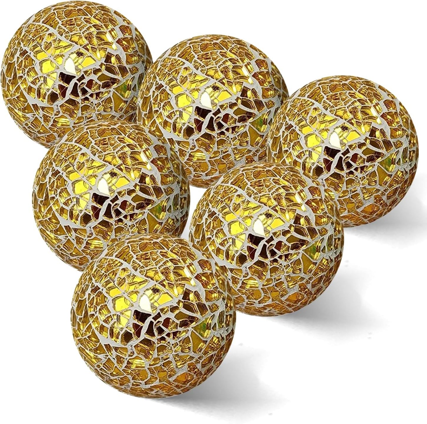 2.4 in Decorative Orbs Glass Balls Set of 6,Mosaic Sphere Globe for Whole Housewares,Wedding/Birthday,Bowls,Vases Dining Table Centerpieces (Gold)