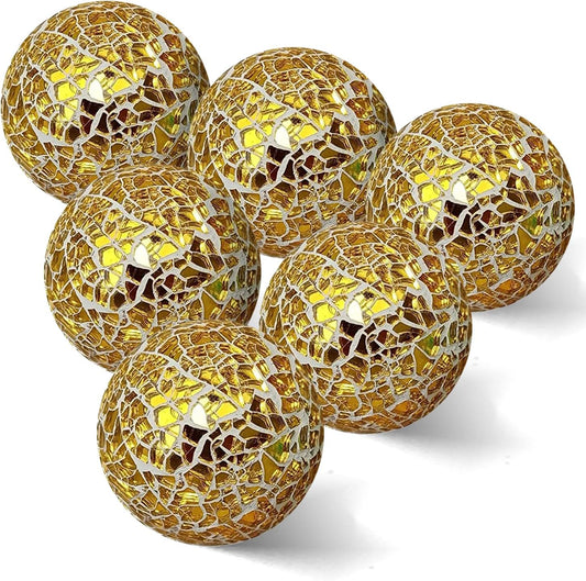 2.4 in Decorative Orbs Glass Balls Set of 6,Mosaic Sphere Globe for Whole Housewares,Wedding/Birthday,Bowls,Vases Dining Table Centerpieces (Gold)
