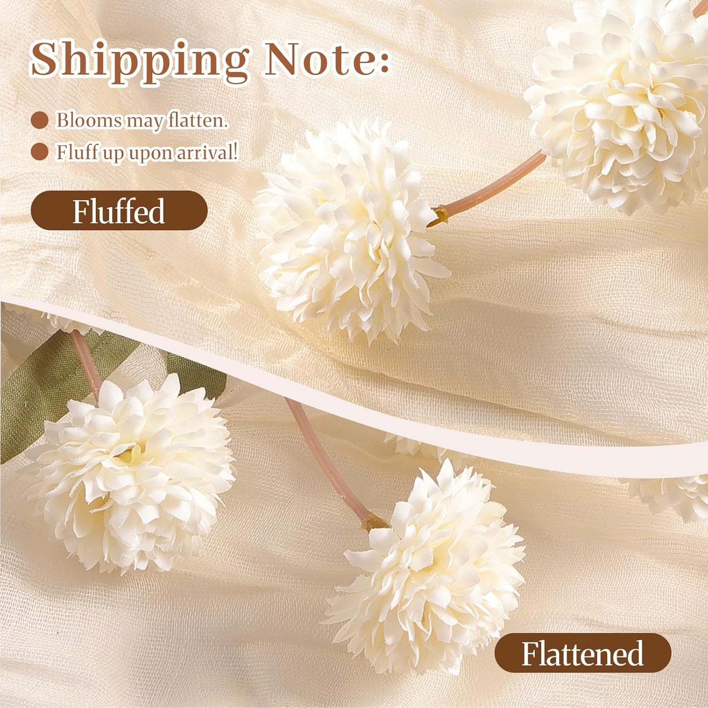 Alupssuc 16PCS Faux Silk Pompon Mums Artificial Flowers with Eucalyptus, Fake Chrysanthemum Floral for DIY Vase Arrangement, Long Stem Dining Table Centerpiece Home Decor, Beige
