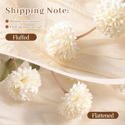 Alupssuc 16PCS Faux Silk Pompon Mums Artificial Flowers with Eucalyptus, Fake Chrysanthemum Floral for DIY Vase Arrangement, Long Stem Dining Table Centerpiece Home Decor, Beige