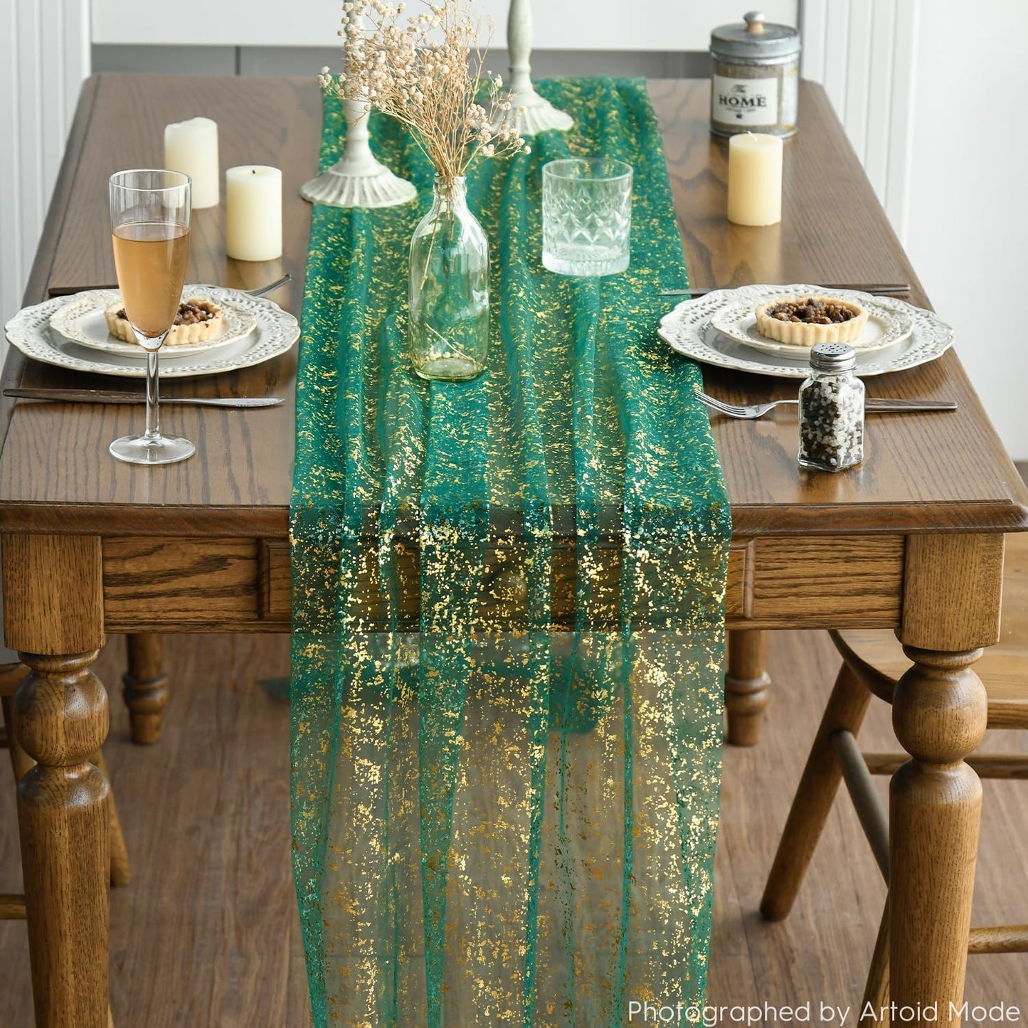 Artoid Mode Beige Gold Gauze Table Runner 120 Inch 10FT, Glitter Metallic Foil Sheer Dining Wedding Anniversary Holiday Birthday Table Decor for Home Party