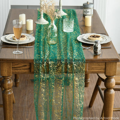 Artoid Mode Beige Gold Gauze Table Runner 120 Inch 10FT, Glitter Metallic Foil Sheer Dining Wedding Anniversary Holiday Birthday Table Decor for Home Party