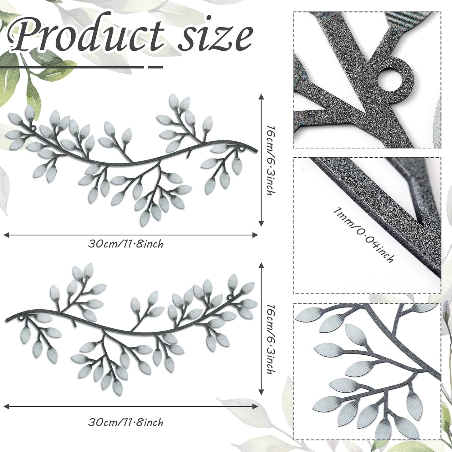 Hotop 2 Pieces Metal Tree Leaf Wall Decor Vine Olive Branch Leaf Wall Art Wrought Iron Scroll Sculptures Above the Bed, Living Room, Outdoor Decoration (Classic Style,Black)