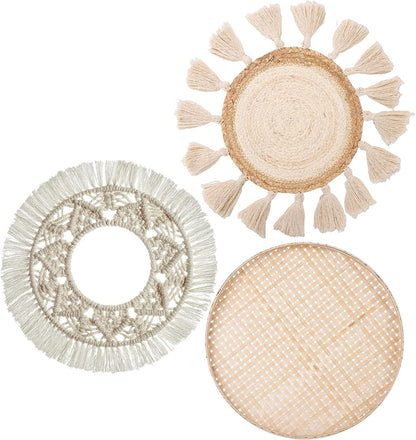 Boho Wall Basket Decor Set of 8 - Flat Woven Basket Wall Hanging Decor,Round Tassels White Macrame Tapestry Wall Decor Art,Handmade Rattan Wicker Seagrass Home Wall Baskets Decor（Boho Classic)