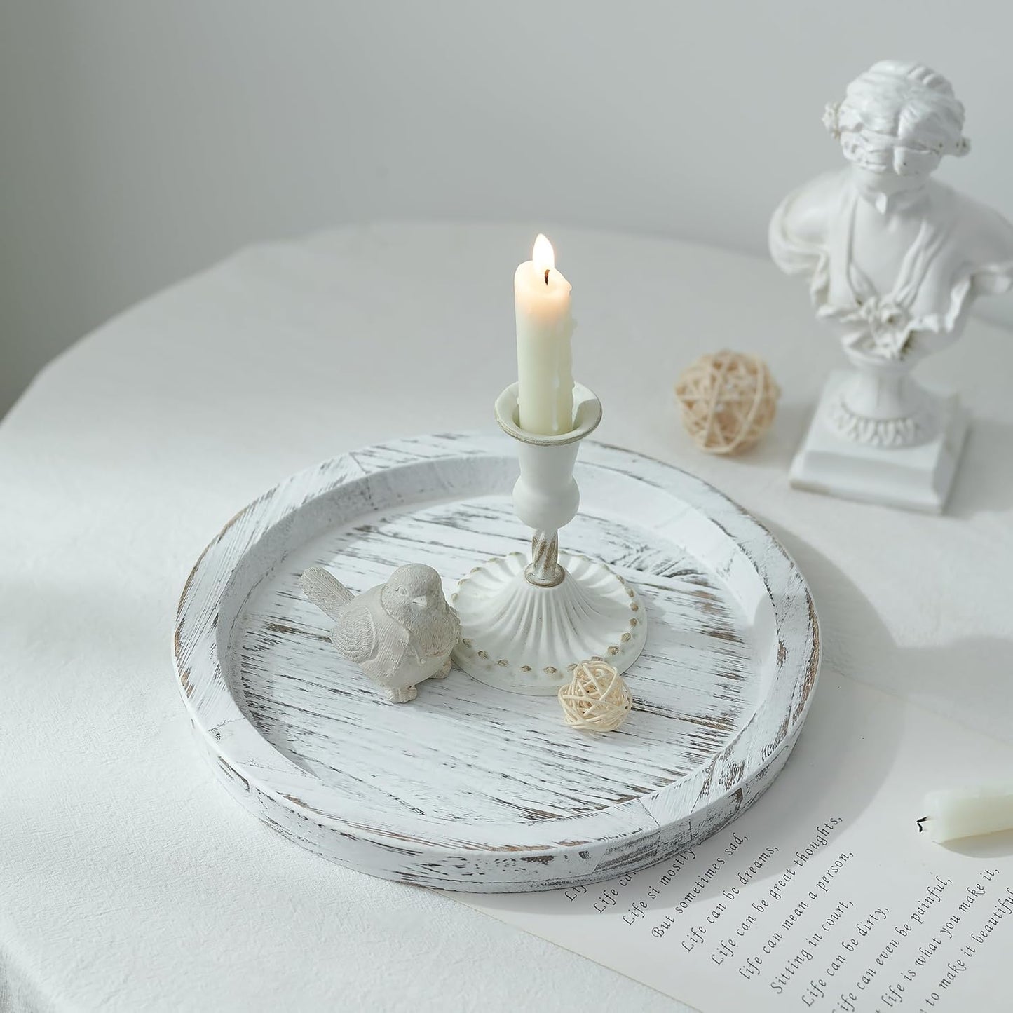 Hanobe Candle Plate Holder Tray: Round Wood Decorative Candle Plate - Rustic Farmhouse CoffeeTable Decor - Tealight Pillar Trays for Home Decor (Distressed)