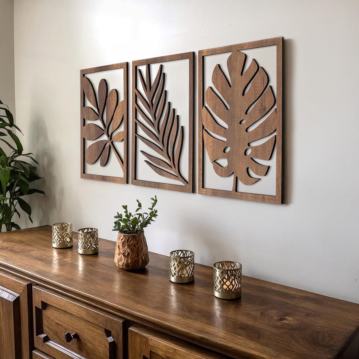 qmmp Modern Wooden Wall Sculptures - Set of 3 - Home Decor Accent - Large Wall Art for Living Room, Bedroom, Office - Easy Installation (Oak, Medium - Mountain and Sun)