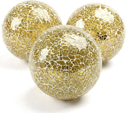 DomeStar 3PCS Decorative Balls, Mosaic Glass Orbs Centerpiece Balls 4inch Gold Orbs for Decorate Bowls Vases Tables Wedding Party
