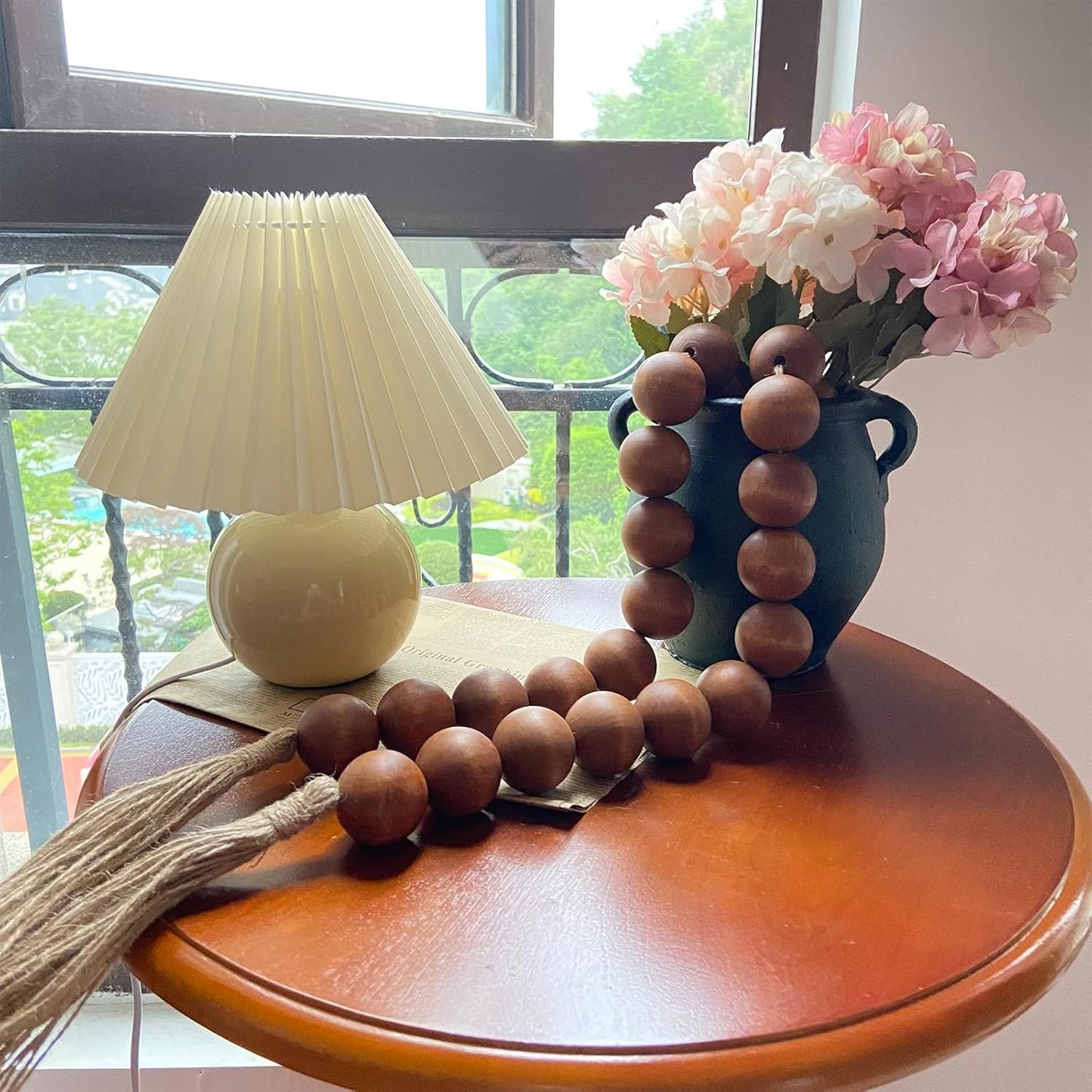 OMISHE Extra Large Wood Bead Garland with 1.6" Diameter Wooden Beads and Tassels, 41" Long Rustic Farmhouse Country Decorative Beads for Home Tiered Tray Decor, Natural Beige