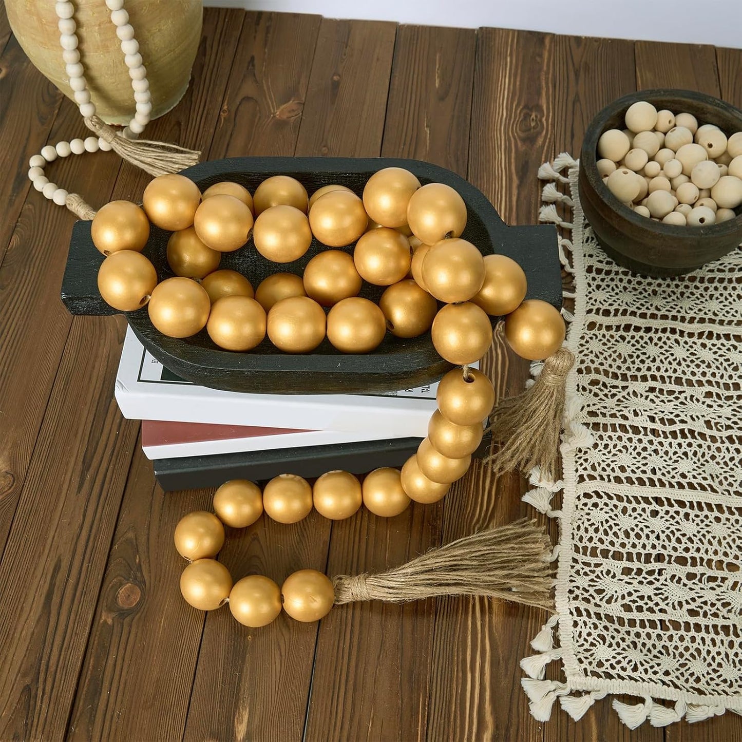 OMISHE Extra Large Wood Bead Garland with 1.6" Diameter Wooden Beads and Tassels, 41" Long Rustic Farmhouse Country Decorative Beads for Home Tiered Tray Decor, Natural Beige