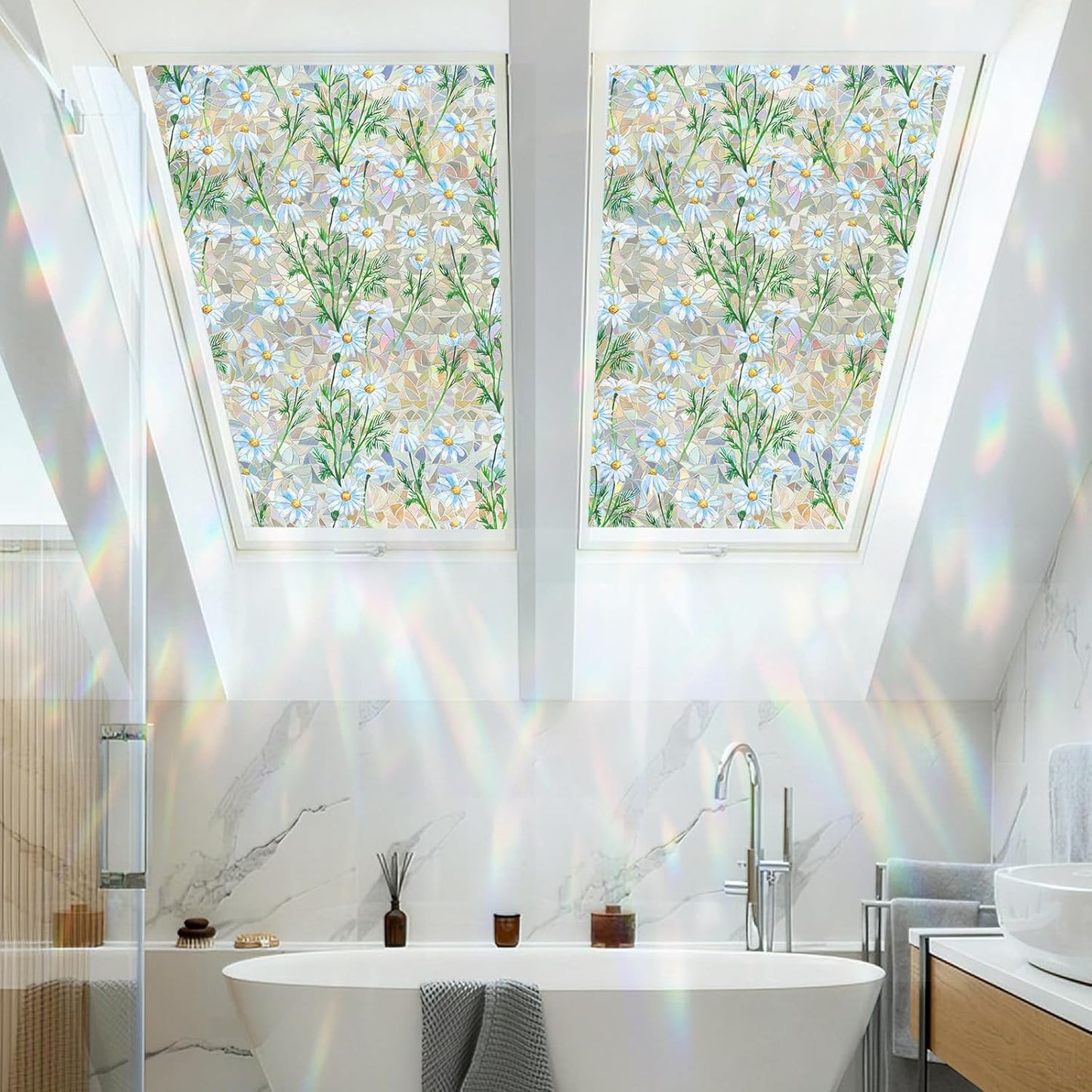 Countewol Window Privacy Film Stain Glass Window Film Rainbow Window Film Window clings Non-Adhesive Reusable Decorative for Room (Leaf Rainbow, 17.5 x 78.7 in)