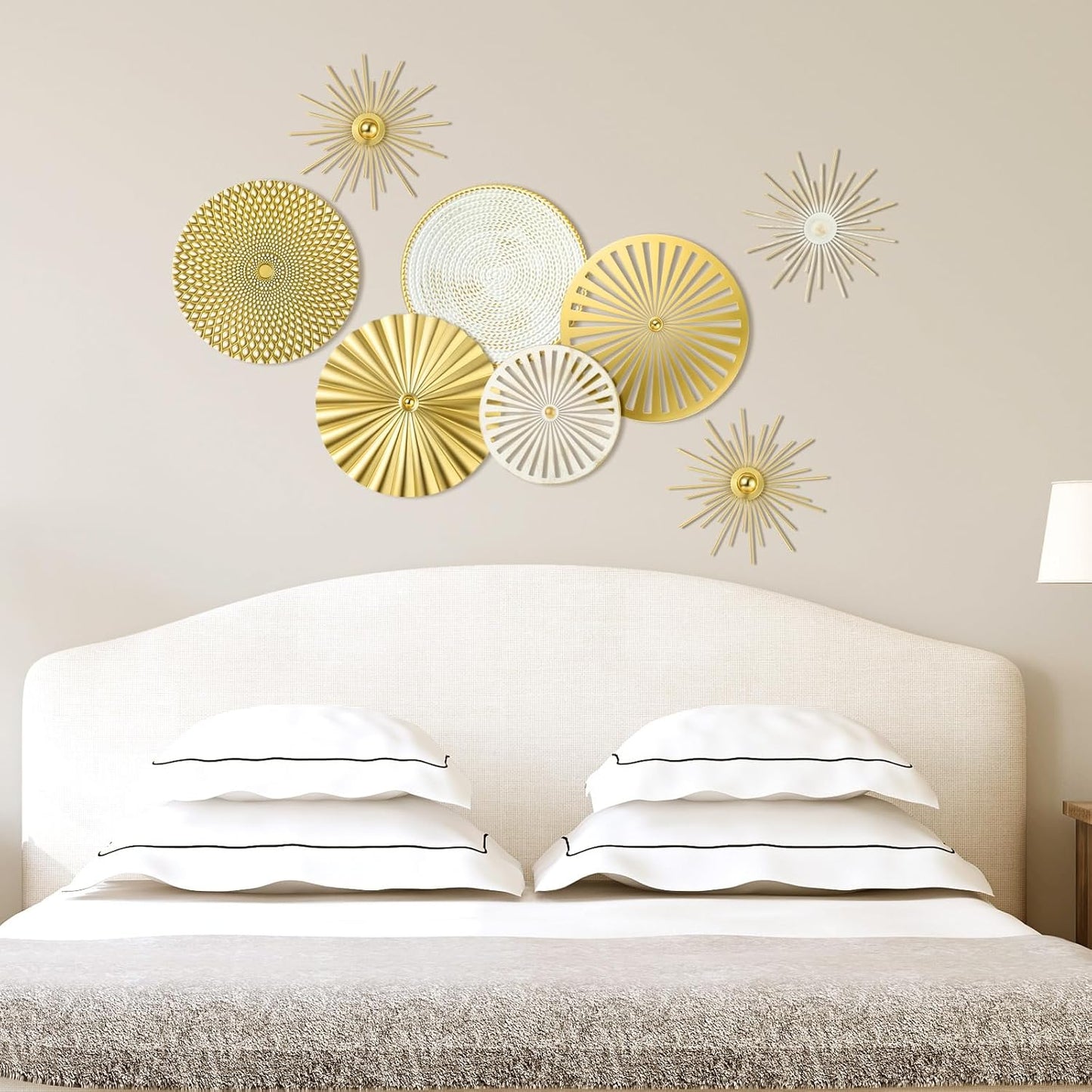 8 Pcs Gold Wall Decor Modern Metal Decor Metal Starbursts Radial Plate Art Hanging Decorative Wall Decorations for Home Bedroom Bathroom Living Room Office Sculpture(Gold)