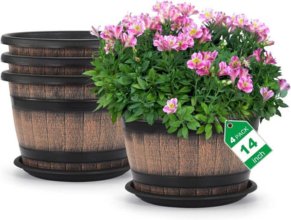 Quarut 3 Pack 10 inch Plant Pots,Whiskey Barrel Planters with Drainage Holes & Saucer, Plastic Decoration Flower Pots Imitation Wine Barrel Design, for Indoor & Outdoor Garden Home Plants (Brown)