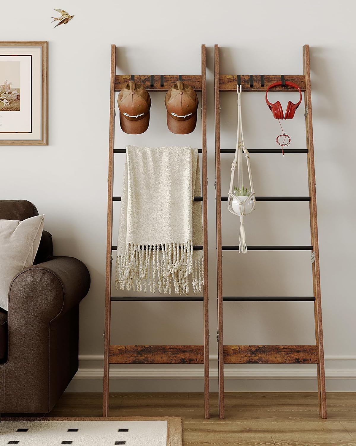 Hzuaneri Blanket Ladder for Living Room, Decorative Quilt Rack with 4 Removable Hooks, 5-Tier Farmhouse Ladder Holder Shelf Organizer for Bedroom, Rustic Brown and Black 02101BBR