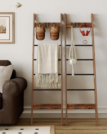 Hzuaneri Blanket Ladder for Living Room, Decorative Quilt Rack with 4 Removable Hooks, 5-Tier Farmhouse Ladder Holder Shelf Organizer for Bedroom, Rustic Brown and Black 02101BBR