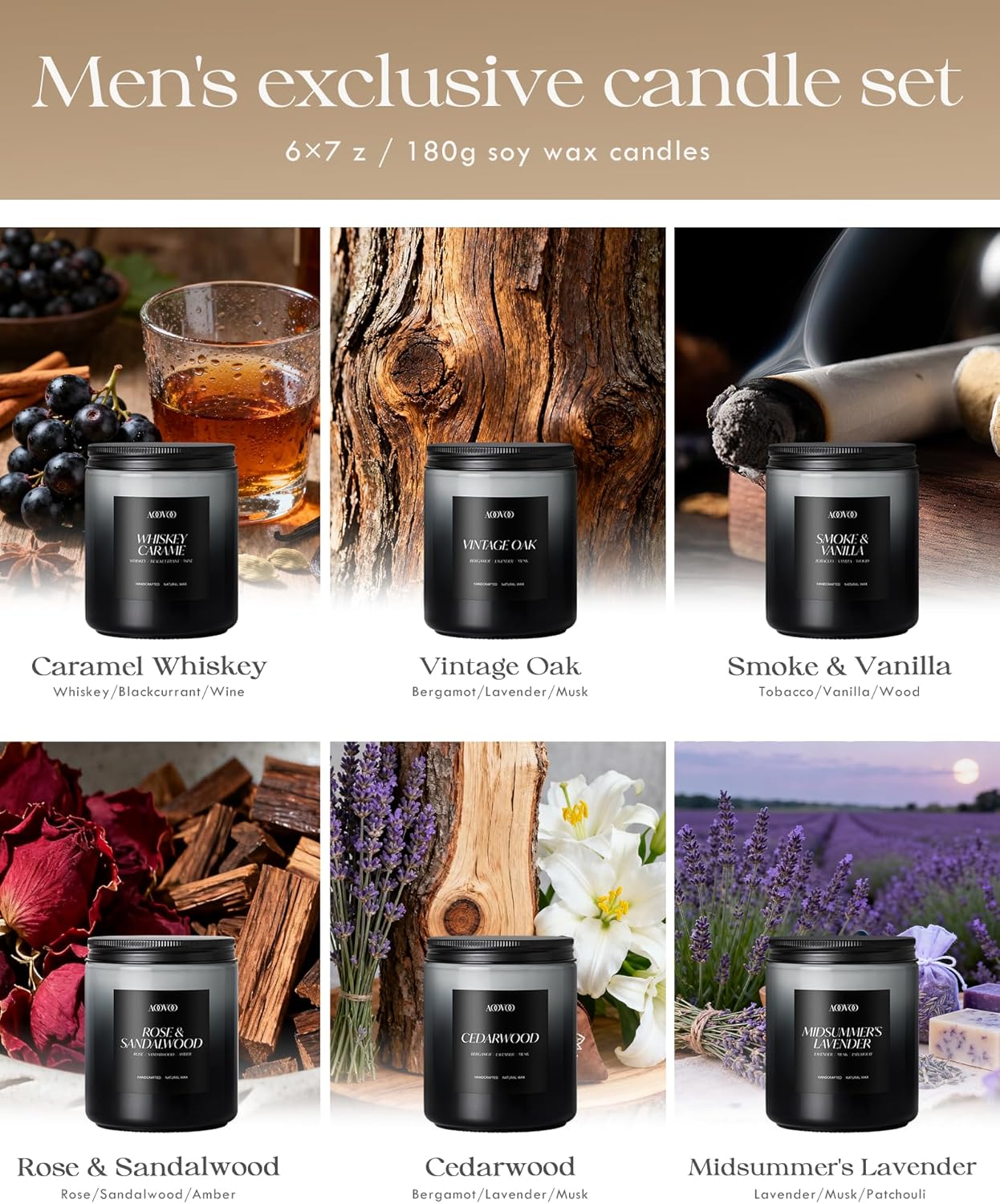 AOOVOO Scented Candles Set - 6 Pack Men Candles for Home Scented, 42 oz Soy Wax, 300 Hour Long Lasting Candle, Soy Candle Gifts Set for Men, Birthday, Valentine, Christmas, Anniversary Present