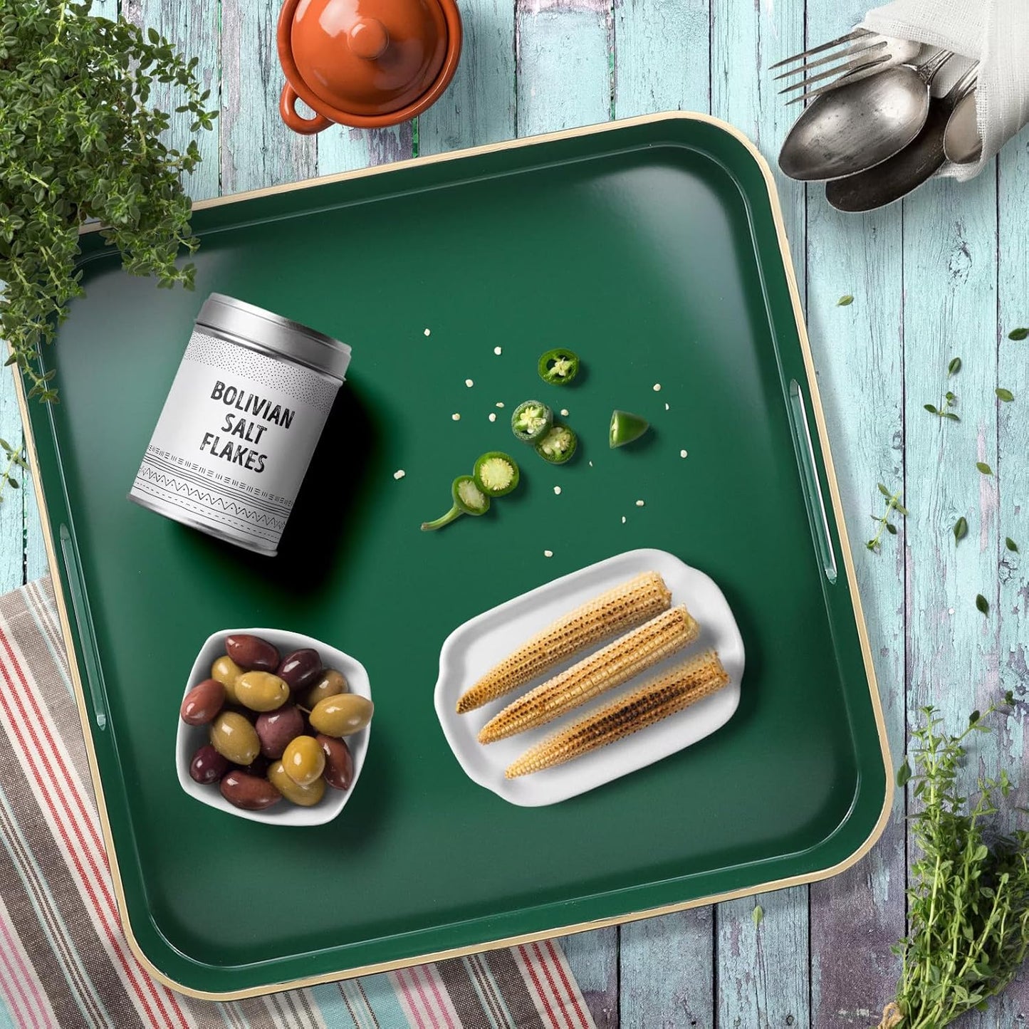 Green Decorative Tray with Handles, Versatile Serving Tray for Coffee Table, Ottoman, Ideal for Serving, Displaying, Organizing, 15.7"*10.2"*1.57"