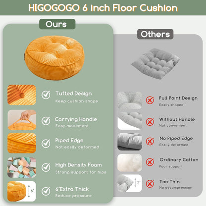 HIGOGOGO 6" Extra Thick Floor Pillow Cushion for Adults, Meditation Cushion Pillow, Large Square Floor Sitting, Tufted Corduroy Cover, for Tatami Living Room or Yoga, 22x22 Inch, 2Pack, Dark Grey