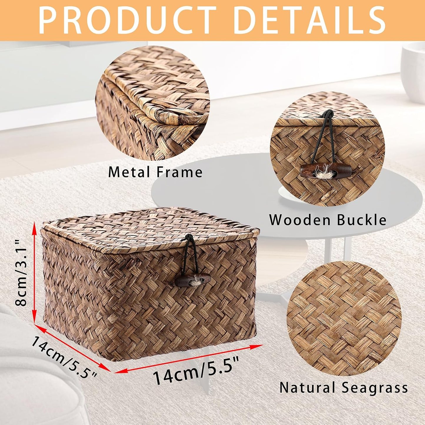 Hipiwe Seagrass Basket with Lid Wicker Storage Basket Square Handwoven Decorative Baskets Box for Shelf Multipurpose Household Baskets Home Decor,X-small