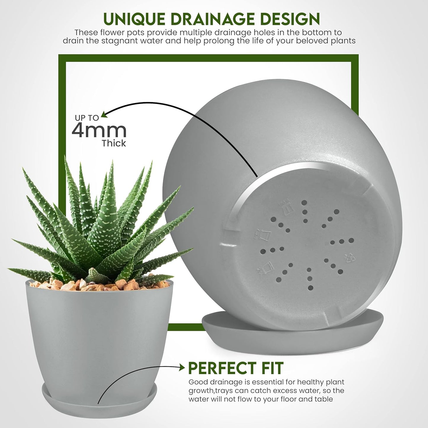 Utopia Home Plant Pots Indoor with Drainage Holes – Set of 5 White Plastic Flower Pots (7/6.6/6/5.3/4.8 Inch) – Modern Planters for Indoor Plants, Room & Office Décor, Great Stocking Stuffers