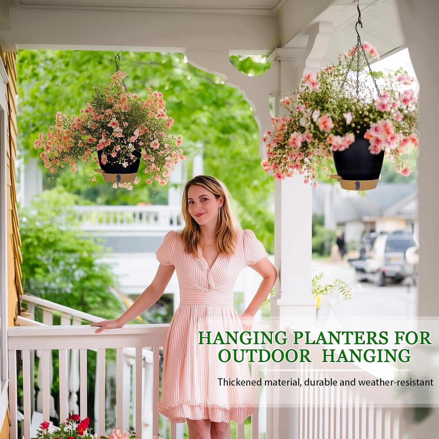 10 Inch Hanging Planters for Indoor Plants, 2 Pack Self Watering Hanging Baskets Flower Pots with Drainage Hole, Visual Reservoir & 2 Kinds of Plant Hanger for Outdoor Garden Home Decor (White)