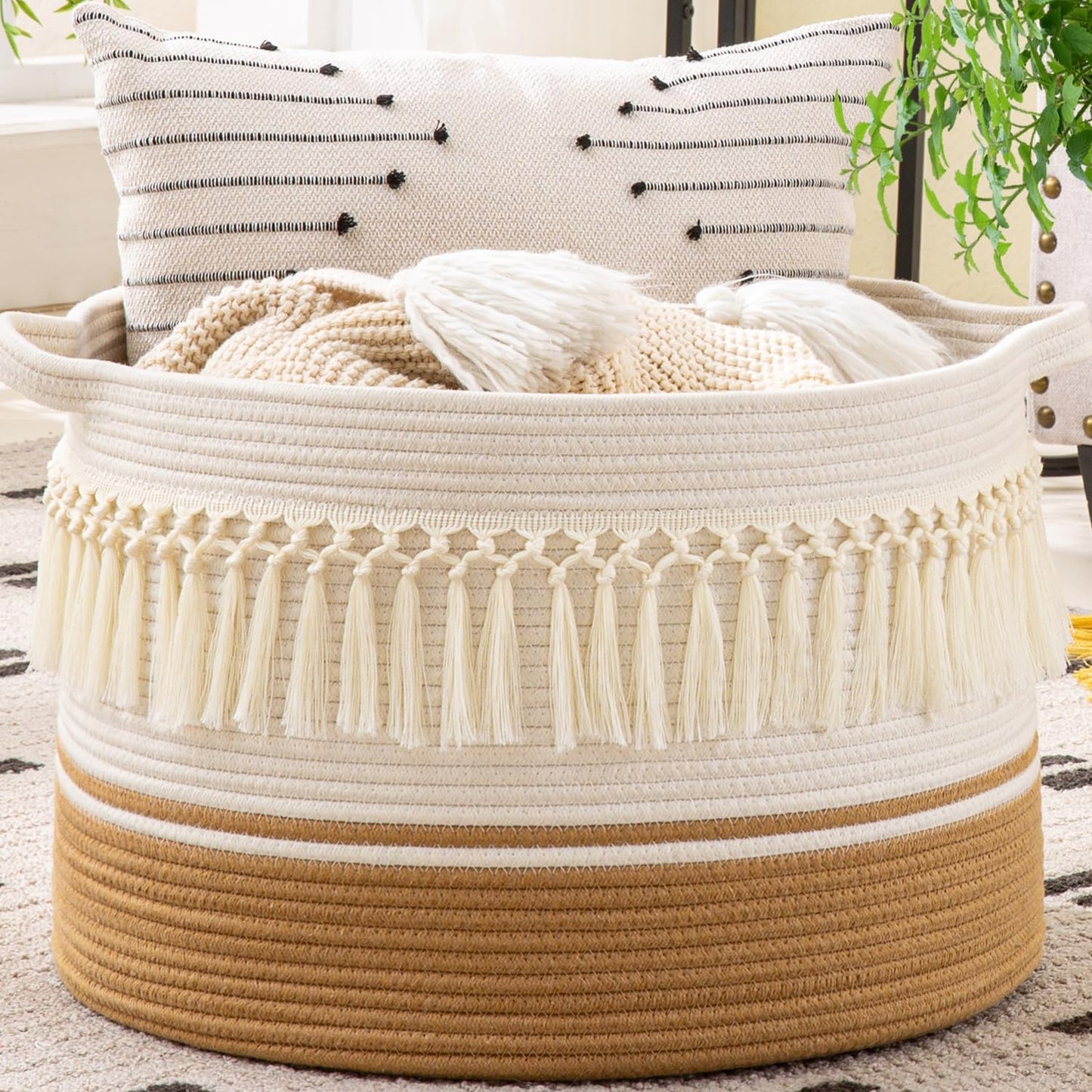 KAKAMAY Large Blanket Basket (20"x13"),Woven Baskets for storage Baby Laundry Hamper, Cotton Rope Blanket Basket for Living Room, Laundry, Nursery, Pillows, Baby Toy chest (White/Brown)
