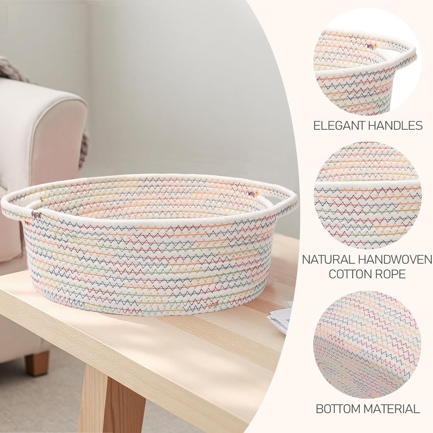 JMvicyroam Woven Basket,Small Rope Storage Bin with Handles & Ribbon Bag, Organizer for Shelves Closets,Gift Basket Empty for Birthday,Books,Dog Toys,White