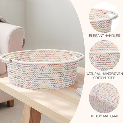JMvicyroam Woven Basket,Small Rope Storage Bin with Handles & Ribbon Bag, Organizer for Shelves Closets,Gift Basket Empty for Birthday,Books,Dog Toys,White