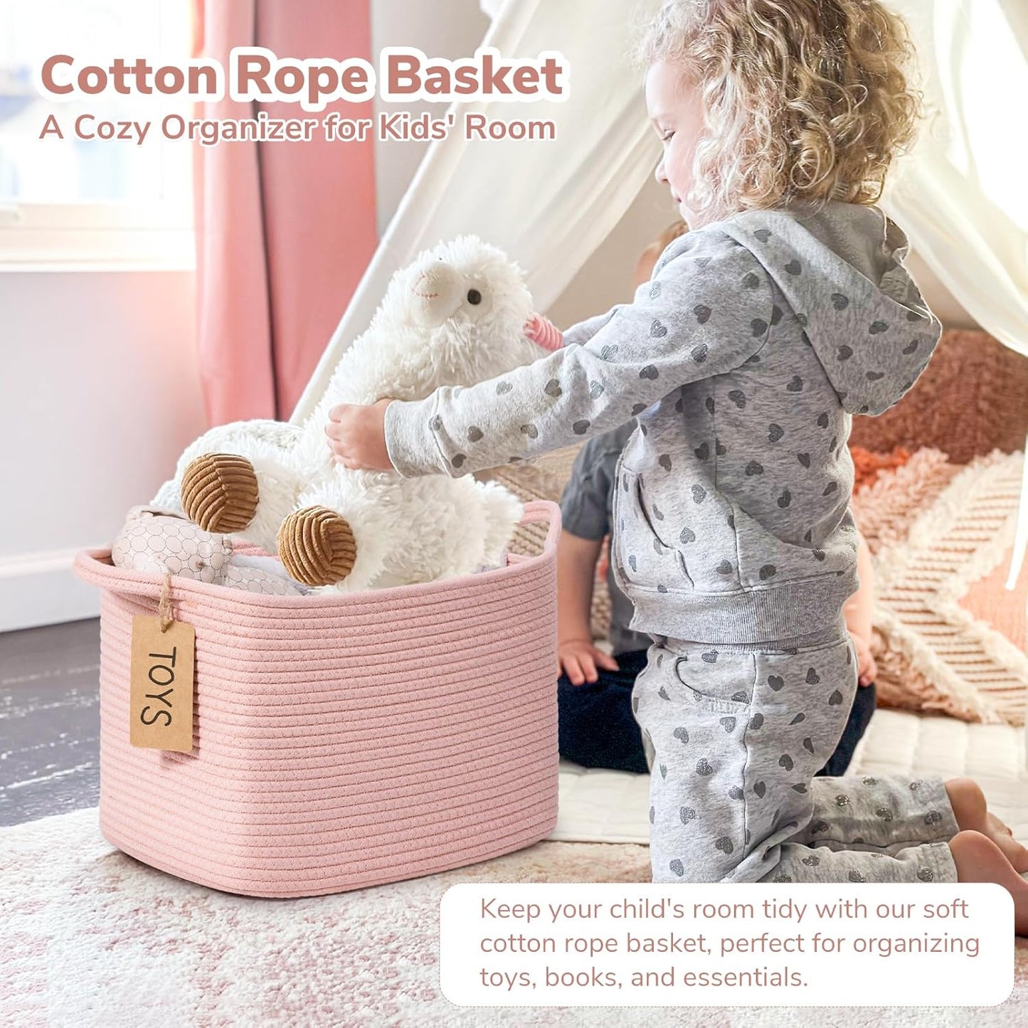 Goodpick Woven Storage Basket, Cotton Rope Basket for Dog Toys, Books, Stylish Gift Basket with Handles, 13 x 10 x 9 Inches Square Baskets for Organizing, Brown and White