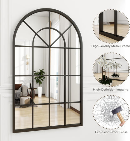 Dewfig 65"x 22" Arched Window pane Full Length Mirror, Wall Mirror, Floor Standing Mirrors, Farmhouse Long Full Body Mirrors Wall Mounted for Living Room, Bedroom, Entryway, Fireplace, Black