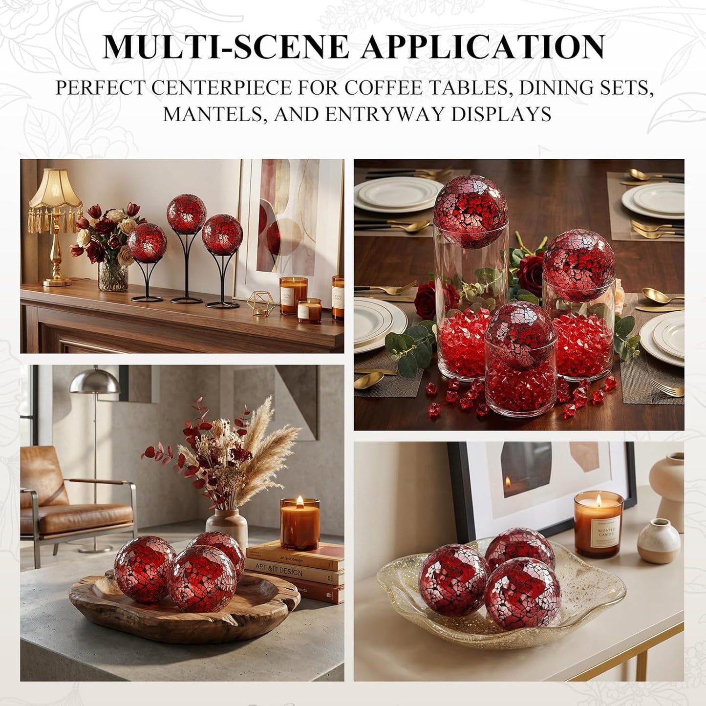 DomeStar 3PCS Decorative Balls for Bowls, 3 Inch Dark Red Orbs Glass Balls for Centerpiece Bowls Mosaic Sphere for Home Decoration Dining Table
