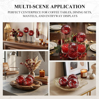 DomeStar 3PCS Decorative Balls for Bowls, 3 Inch Dark Red Orbs Glass Balls for Centerpiece Bowls Mosaic Sphere for Home Decoration Dining Table