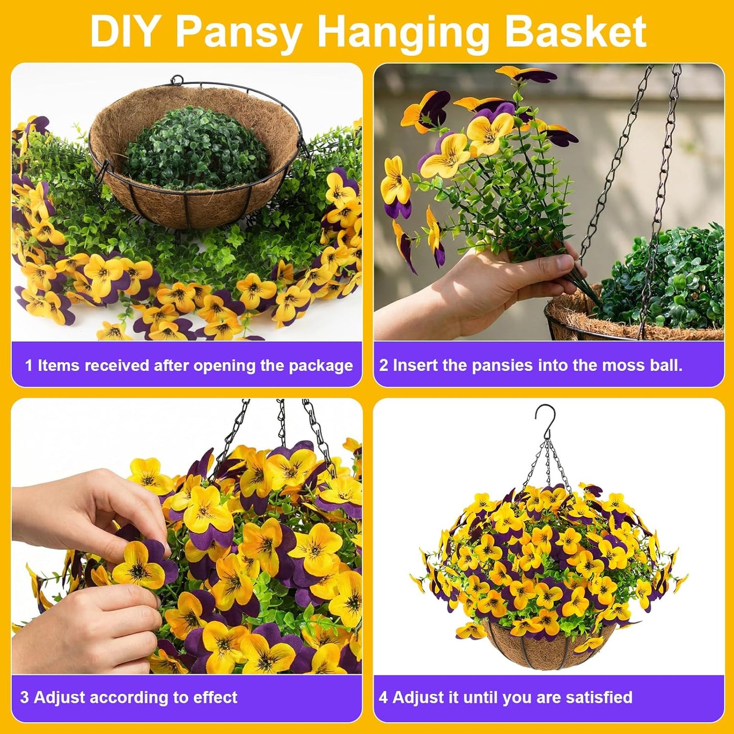 2 Set Artificial Outdoor Pansy Flowers with Hanging Baskets, 2 Hanging Baskets with 24 Pcs Silk Flowers for Spring Easter Decorations Porch Patio Home Decor (2, Purple, Yellow, White, Light Purple)