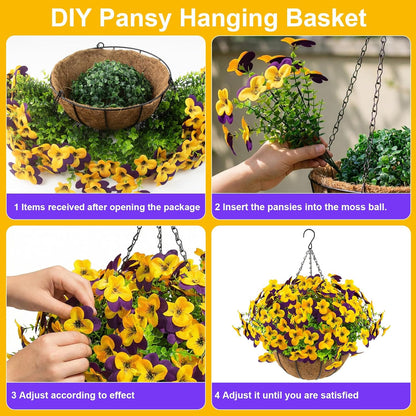 2 Set Artificial Outdoor Pansy Flowers with Hanging Baskets, 2 Hanging Baskets with 24 Pcs Silk Flowers for Spring Easter Decorations Porch Patio Home Decor (2, Purple, Yellow, White, Light Purple)