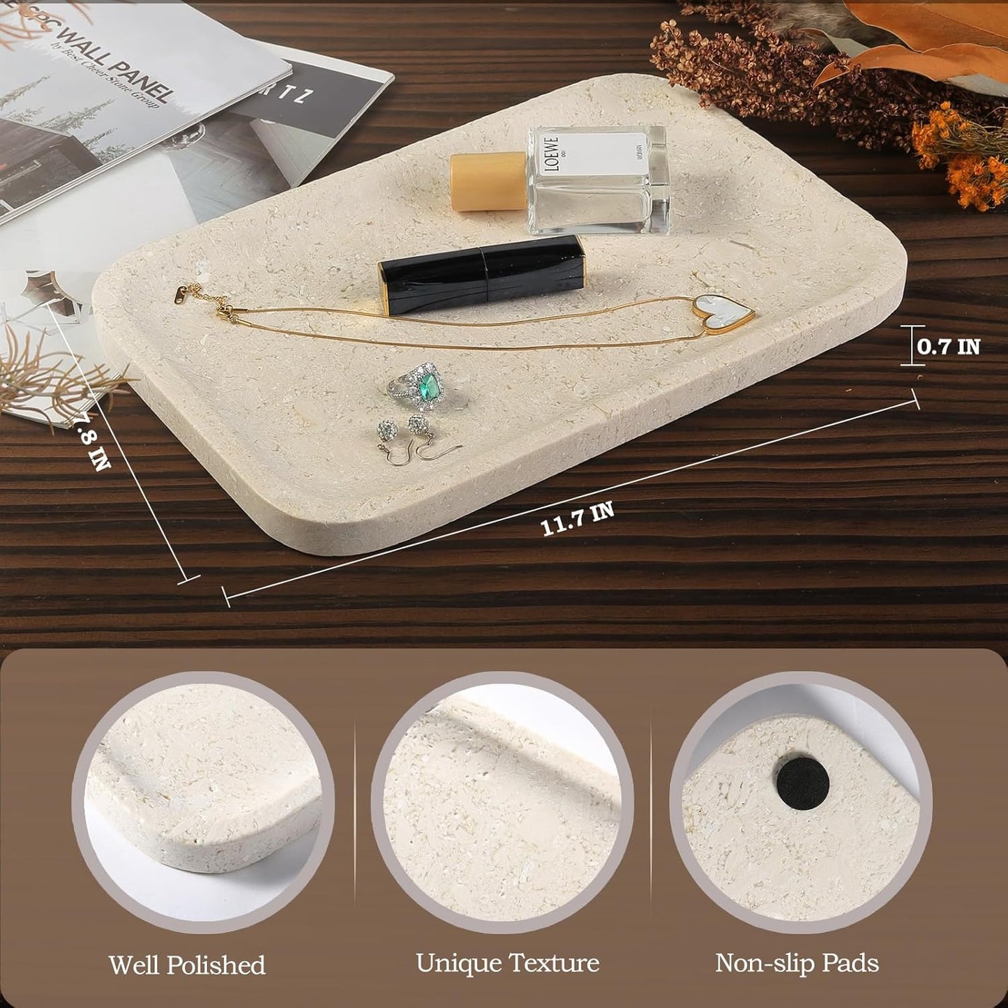 Koville Romano Travertine Tray, 12"x8" Natural Stone Vanity Tray for Countertop Bathroom Kitchen Dresser, Decorative Marble Catchall Trays for Perfume Jewelry, Rectangular Serving Tray(Beige)